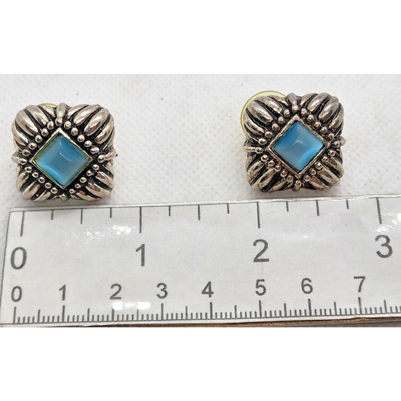 EARRINGS-Silver Tone with Blue "Stones"-Silver With Black Chunky Square-Pierced - Picture 8 of 8